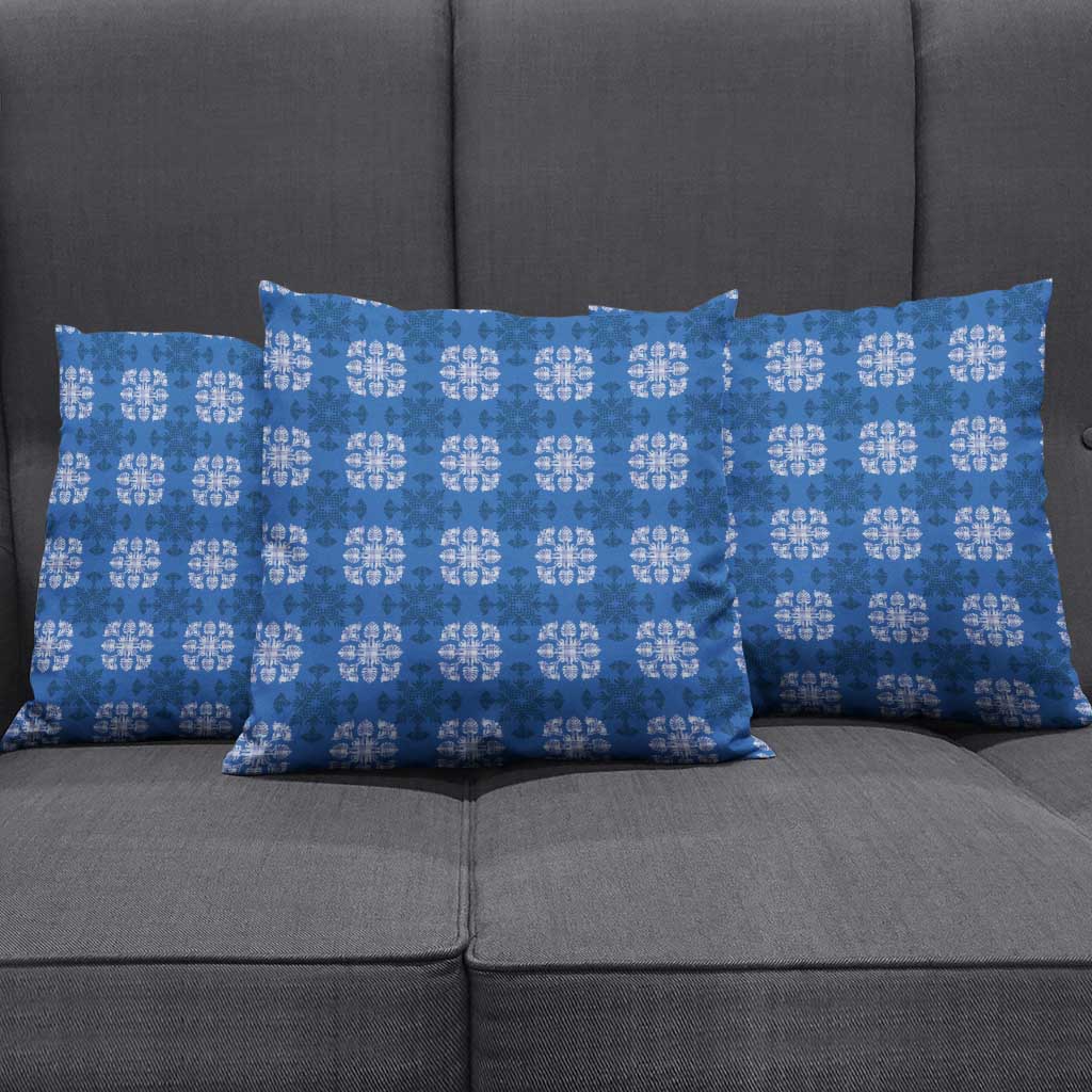 Royal Blue Hawaiian Quilt Pillow Cover Hawaii Pineapple Monstera Palaka Motifs - Polynesian Pride