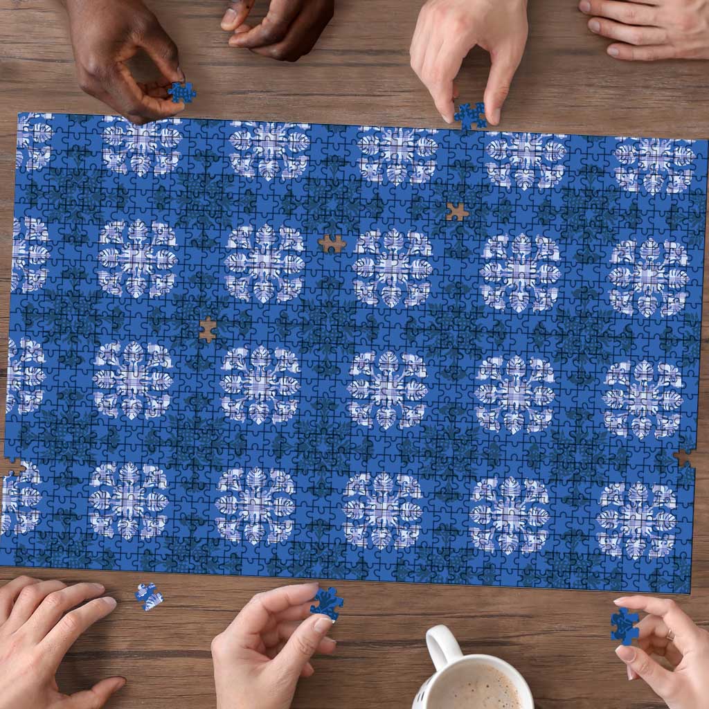 Royal Blue Hawaiian Quilt Puzzle Hawaii Pineapple Monstera Palaka Motifs - Polynesian Pride