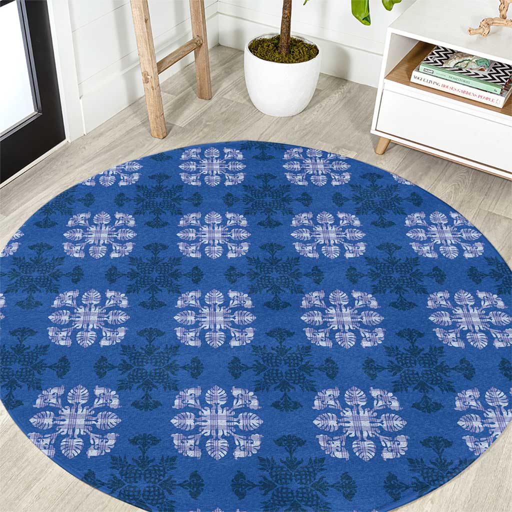 Royal Blue Hawaiian Quilt Round Carpet Hawaii Pineapple Monstera Palaka Motifs - Polynesian Pride