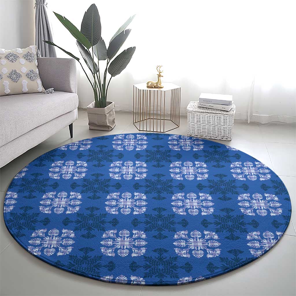 Royal Blue Hawaiian Quilt Round Carpet Hawaii Pineapple Monstera Palaka Motifs - Polynesian Pride