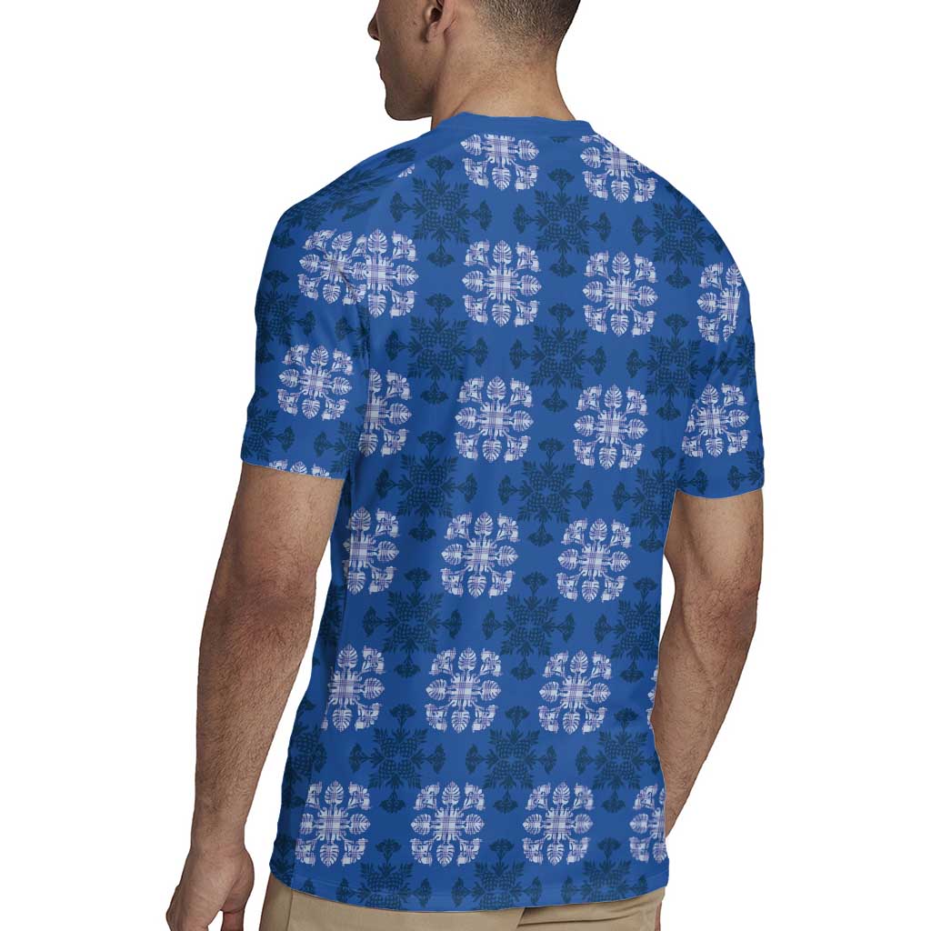 Royal Blue Hawaiian Quilt Rugby Jersey Hawaii Pineapple Monstera Palaka Motifs - Polynesian Pride