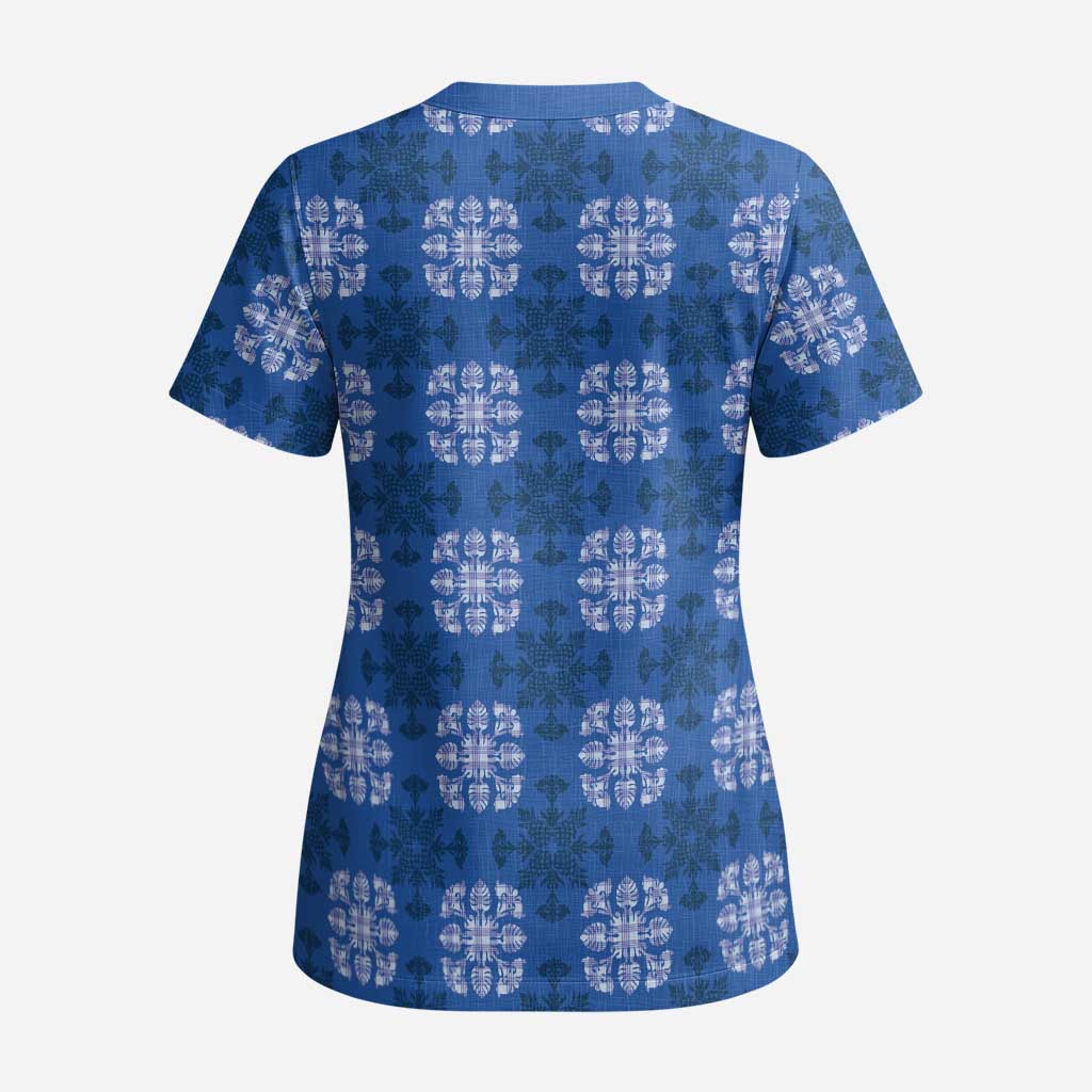 Royal Blue Hawaiian Quilt Scrub Top Hawaii Pineapple Monstera Palaka Motifs - Polynesian Pride