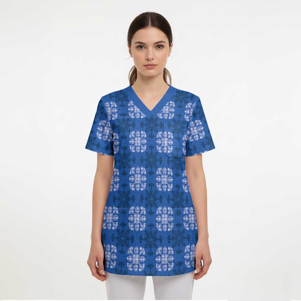 Royal Blue Hawaiian Quilt Scrub Top Hawaii Pineapple Monstera Palaka Motifs - Polynesian Pride