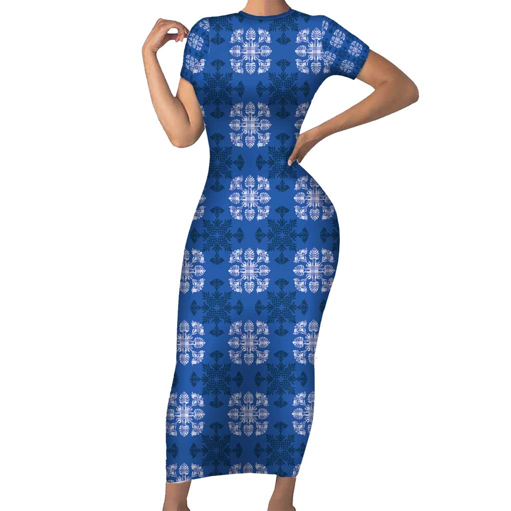 Royal Blue Hawaiian Quilt Short Sleeve Bodycon Dress Hawaii Pineapple Monstera Palaka Motifs - Polynesian Pride