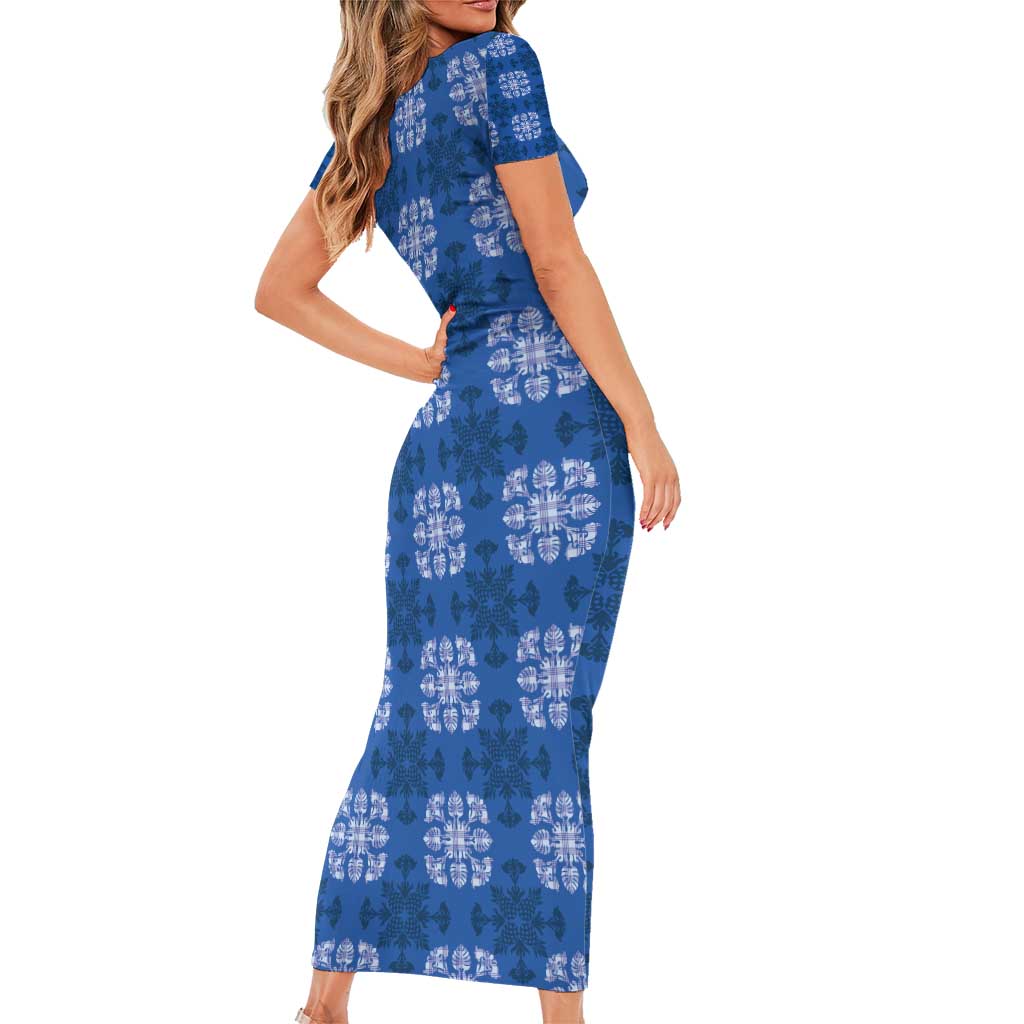 Royal Blue Hawaiian Quilt Short Sleeve Bodycon Dress Hawaii Pineapple Monstera Palaka Motifs - Polynesian Pride
