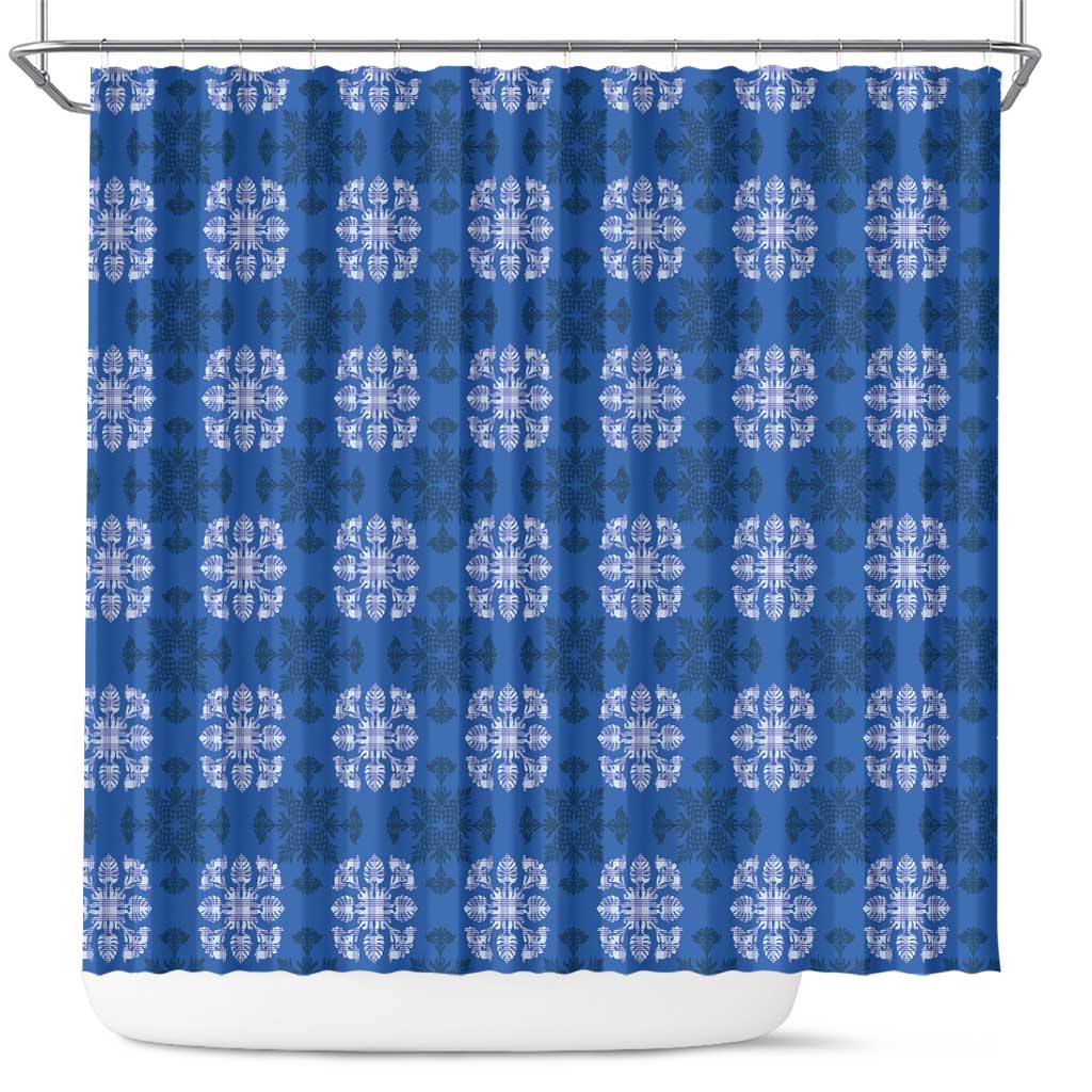 Royal Blue Hawaiian Quilt Shower Curtain Hawaii Pineapple Monstera Palaka Motifs - Polynesian Pride