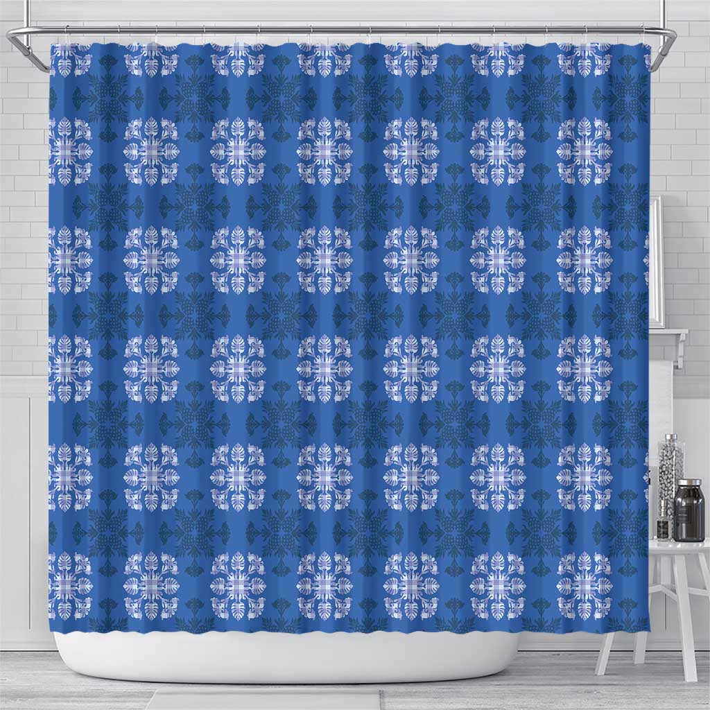 Royal Blue Hawaiian Quilt Shower Curtain Hawaii Pineapple Monstera Palaka Motifs - Polynesian Pride