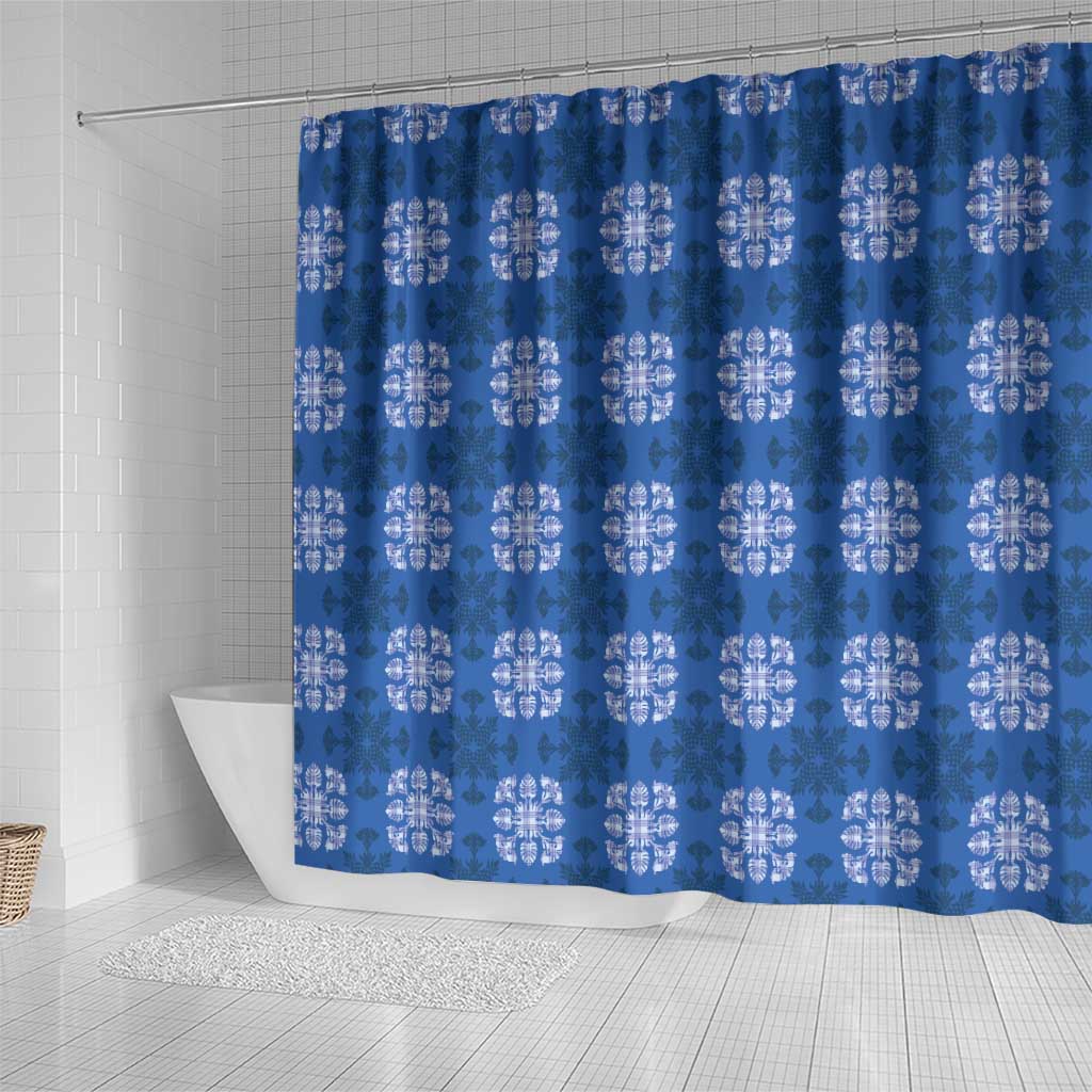 Royal Blue Hawaiian Quilt Shower Curtain Hawaii Pineapple Monstera Palaka Motifs - Polynesian Pride