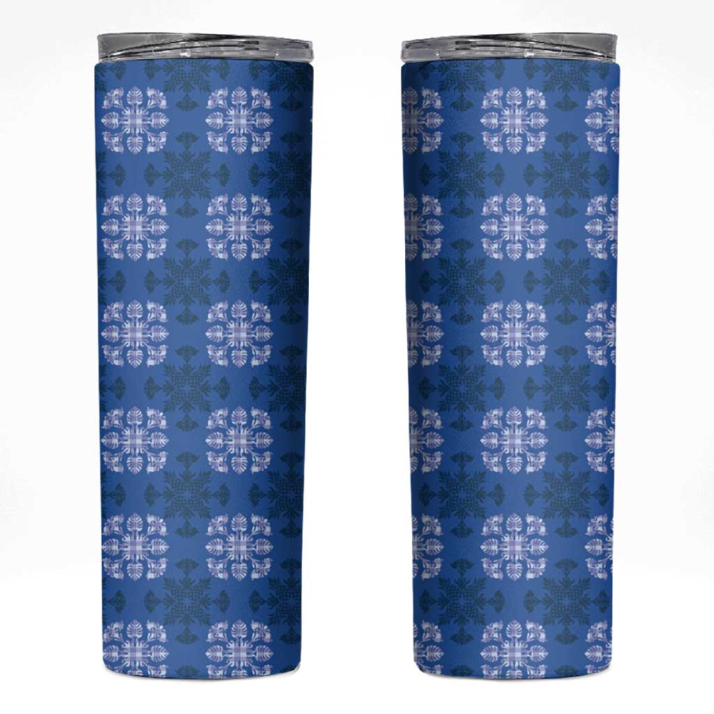 Royal Blue Hawaiian Quilt Skinny Tumbler Hawaii Pineapple Monstera Palaka Motifs - Polynesian Pride