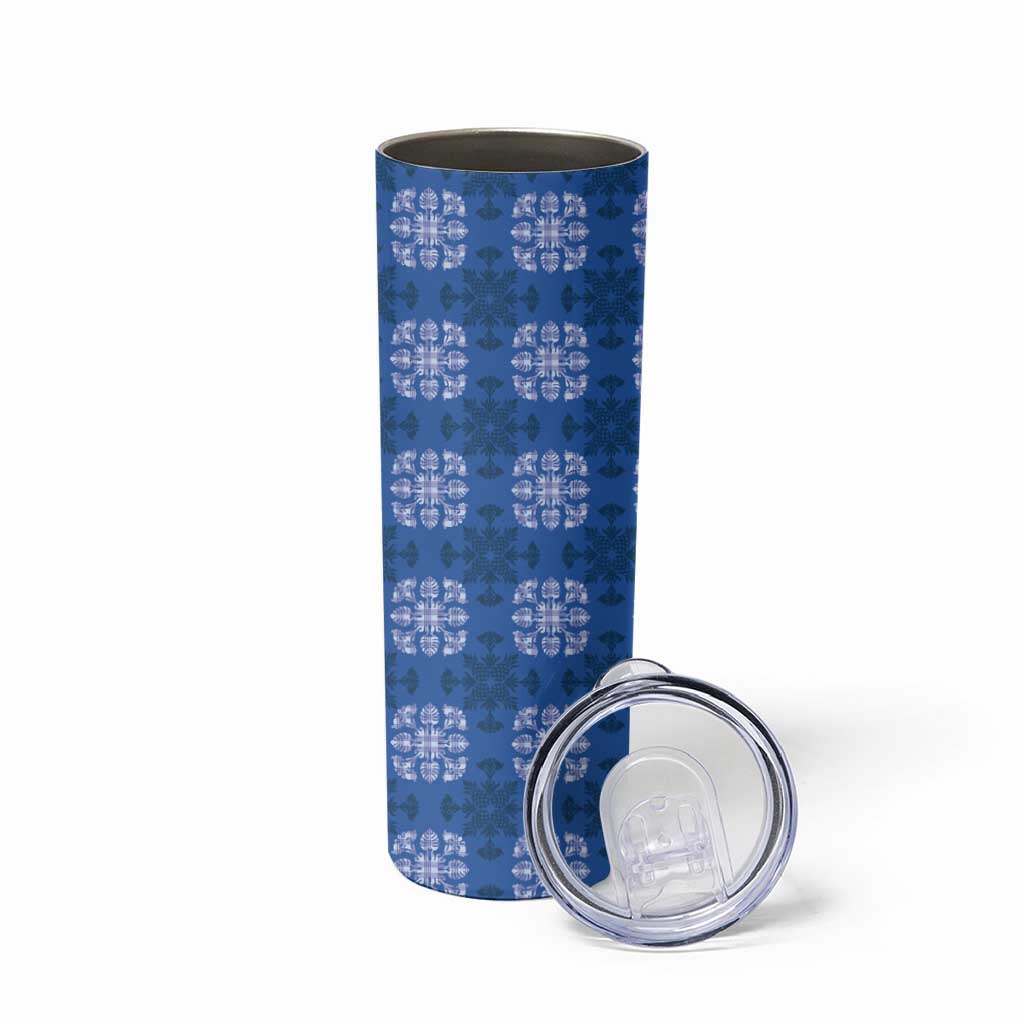 Royal Blue Hawaiian Quilt Skinny Tumbler Hawaii Pineapple Monstera Palaka Motifs - Polynesian Pride