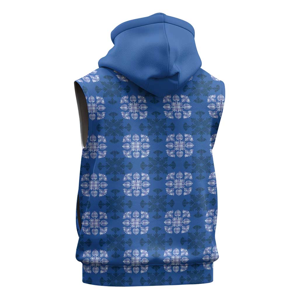 Royal Blue Hawaiian Quilt Sleeveless Hoodie Hawaii Pineapple Monstera Palaka Motifs - Polynesian Pride