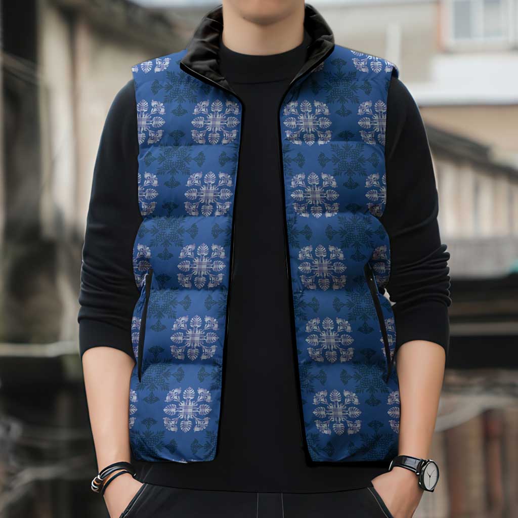 Royal Blue Hawaiian Quilt Sleeveless Puffer Jacket Hawaii Pineapple Monstera Palaka Motifs - Polynesian Pride
