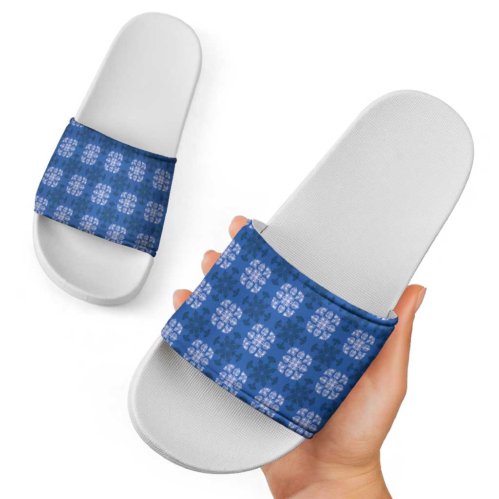 Royal Blue Hawaiian Quilt Slide Sandals Hawaii Pineapple Monstera Palaka Motifs - Polynesian Pride