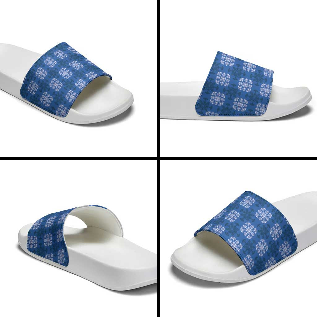 Royal Blue Hawaiian Quilt Slide Sandals Hawaii Pineapple Monstera Palaka Motifs - Polynesian Pride
