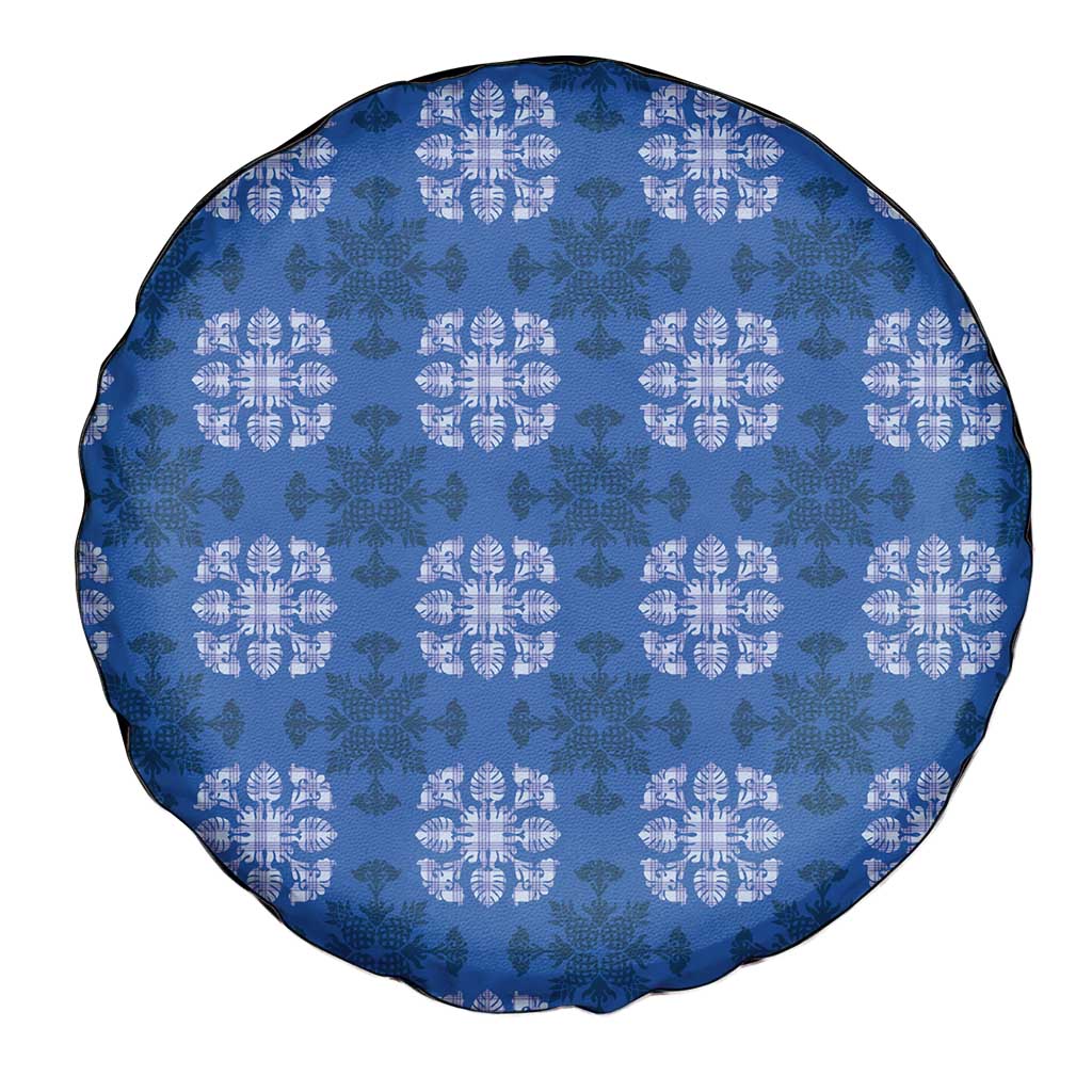 Royal Blue Hawaiian Quilt Spare Tire Cover Hawaii Pineapple Monstera Palaka Motifs - Polynesian Pride