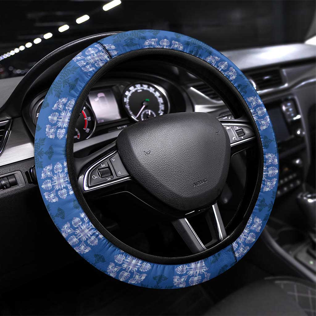 Royal Blue Hawaiian Quilt Steering Wheel Cover Hawaii Pineapple Monstera Palaka Motifs - Polynesian Pride