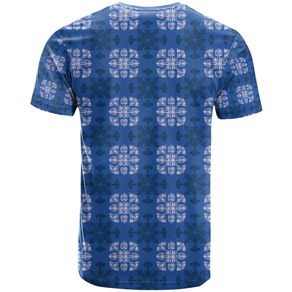 Royal Blue Hawaiian Quilt T Shirt Hawaii Pineapple Monstera Palaka Motifs - Polynesian Pride