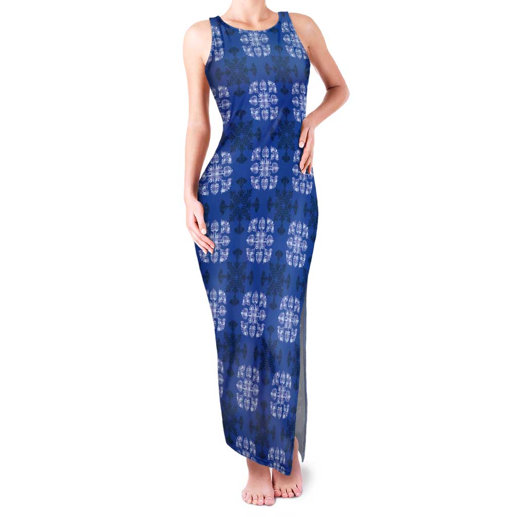 Royal Blue Hawaiian Quilt Tank Maxi Dress Hawaii Pineapple Monstera Palaka Motifs - Polynesian Pride