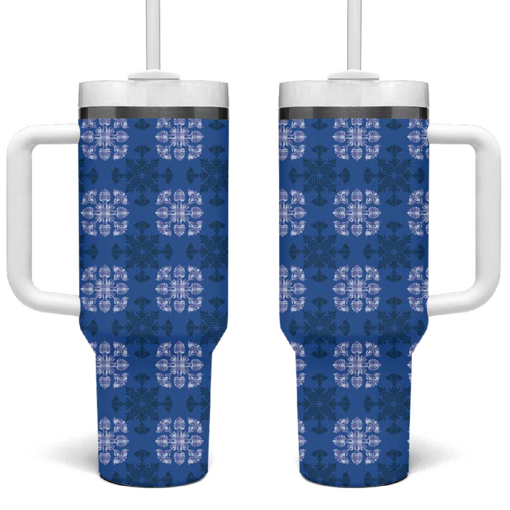 Royal Blue Hawaiian Quilt Tumbler With Handle Hawaii Pineapple Monstera Palaka Motifs - Polynesian Pride