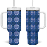 Royal Blue Hawaiian Quilt Tumbler With Handle Hawaii Pineapple Monstera Palaka Motifs - Polynesian Pride