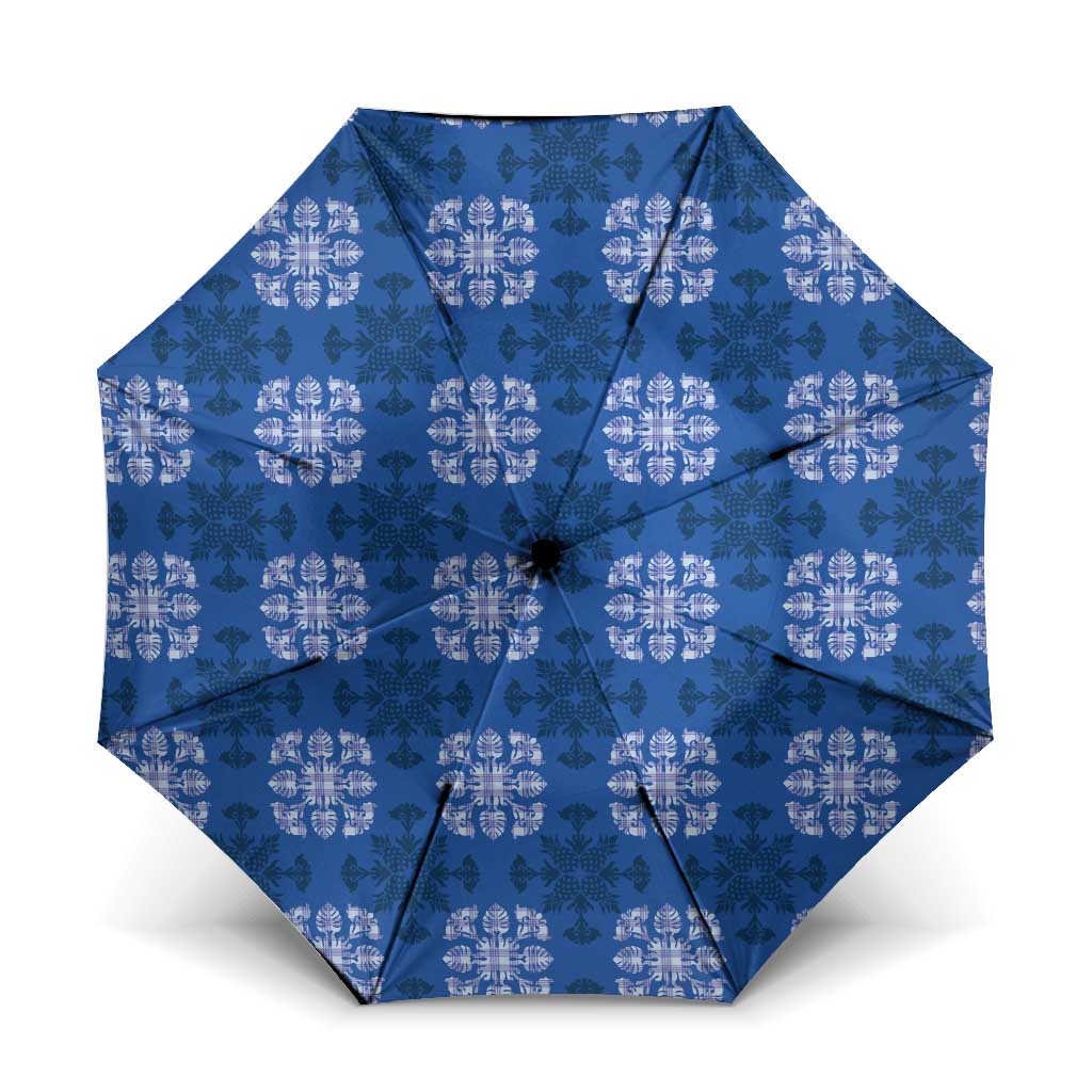 Royal Blue Hawaiian Quilt Umbrella Hawaii Pineapple Monstera Palaka Motifs - Polynesian Pride