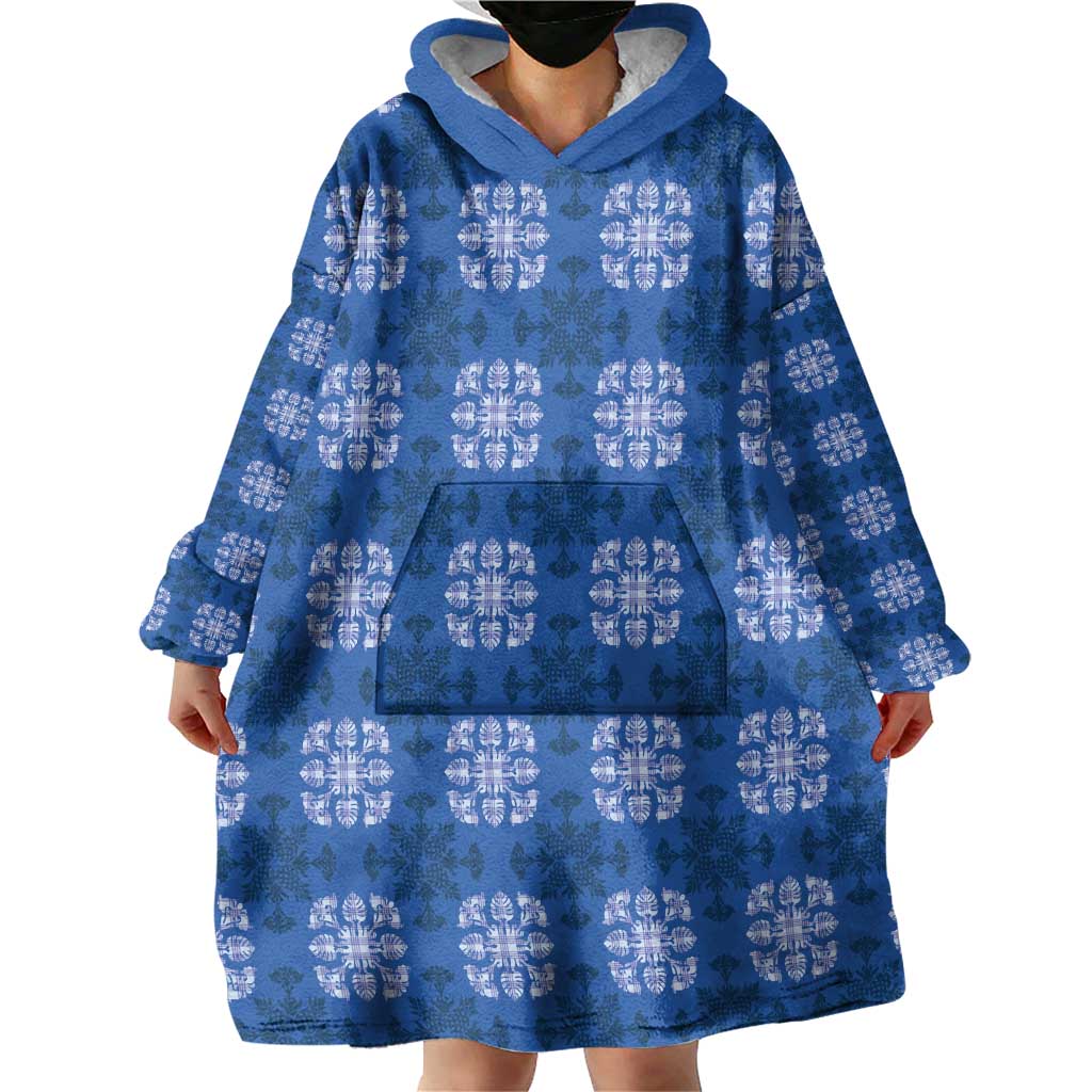 Royal Blue Hawaiian Quilt Wearable Blanket Hoodie Hawaii Pineapple Monstera Palaka Motifs - Polynesian Pride