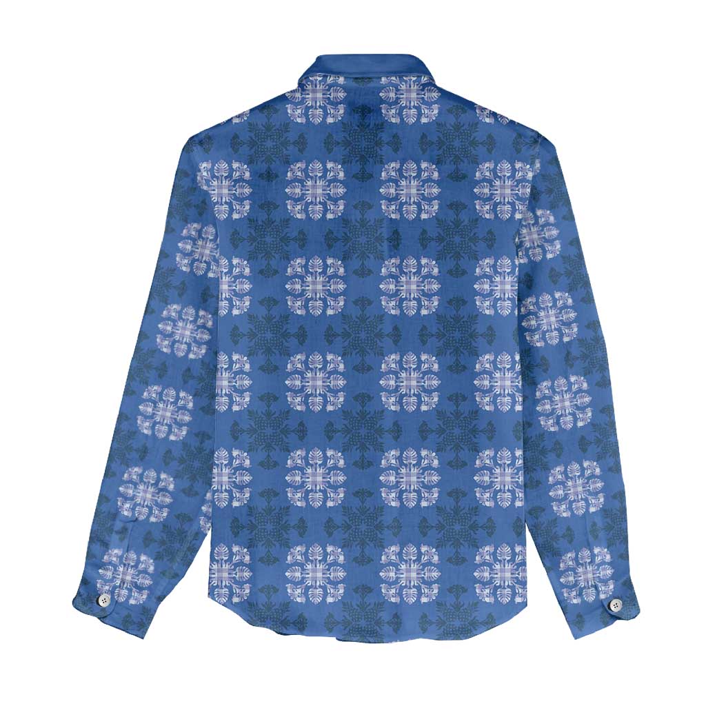 Royal Blue Hawaiian Quilt Women Casual Shirt Hawaii Pineapple Monstera Palaka Motifs - Polynesian Pride