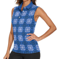 Royal Blue Hawaiian Quilt Women Sleeveless Polo Shirt Hawaii Pineapple Monstera Palaka Motifs - Polynesian Pride