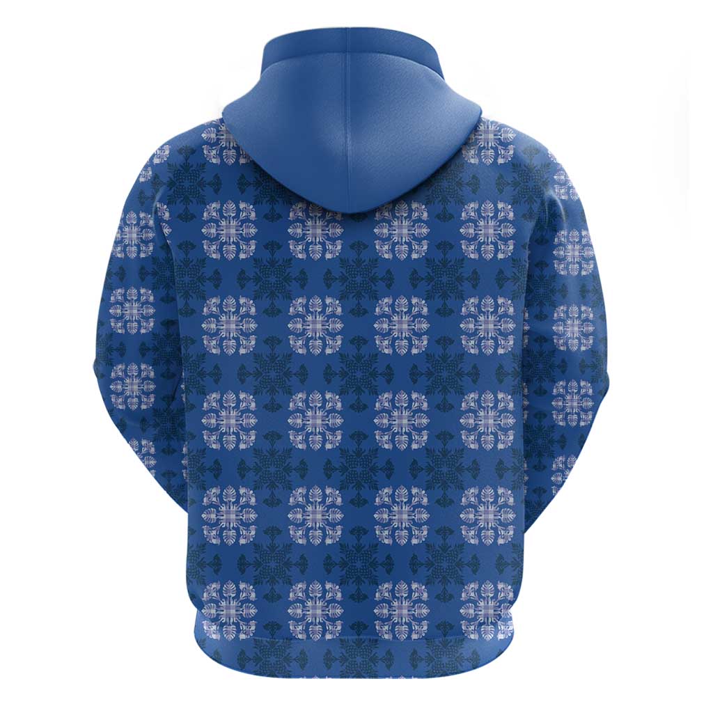 Royal Blue Hawaiian Quilt Zip Hoodie Hawaii Pineapple Monstera Palaka Motifs - Polynesian Pride