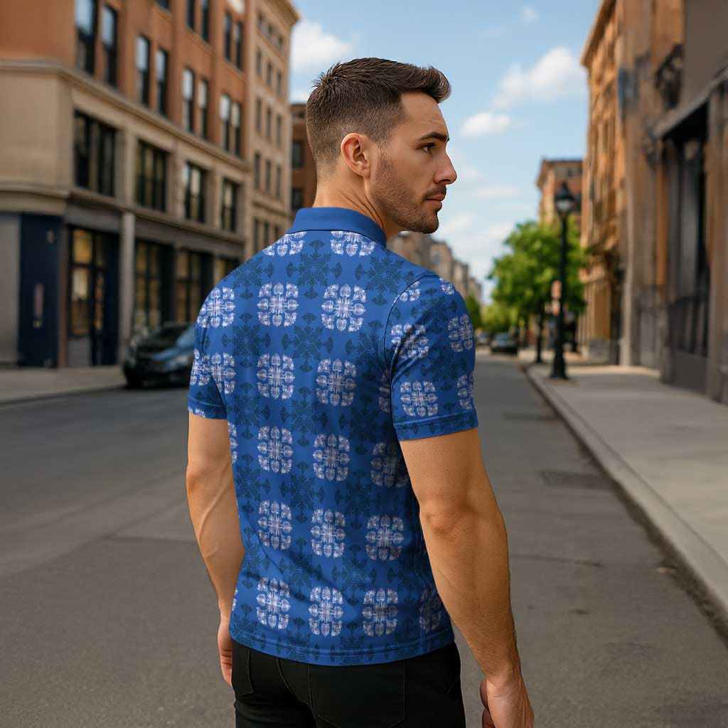 Royal Blue Hawaiian Quilt Zipper Polo Shirt Hawaii Pineapple Monstera Palaka Motifs - Polynesian Pride