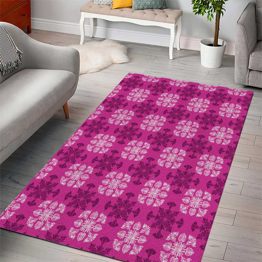 Pink Hawaiian Quilt Area Rug Hawaii Pineapple Monstera Palaka Motifs - Polynesian Pride
