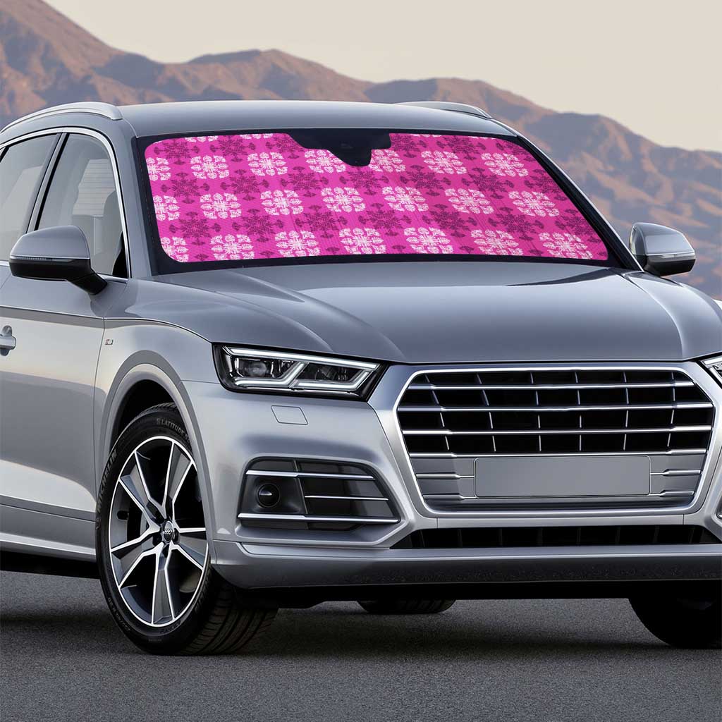 Pink Hawaiian Quilt Auto Sun Shade Hawaii Pineapple Monstera Palaka Motifs - Polynesian Pride