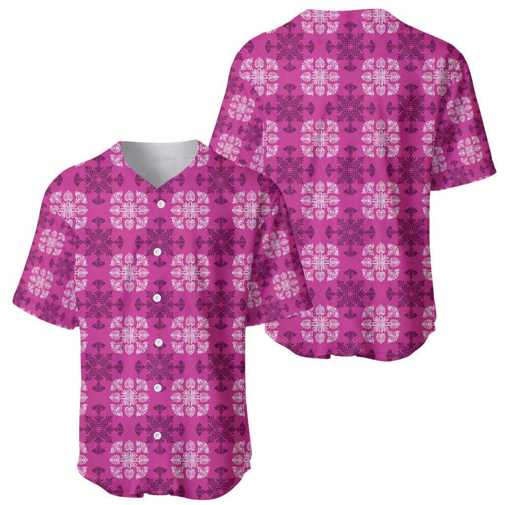 Pink Hawaiian Quilt Baseball Jersey Hawaii Pineapple Monstera Palaka Motifs - Polynesian Pride
