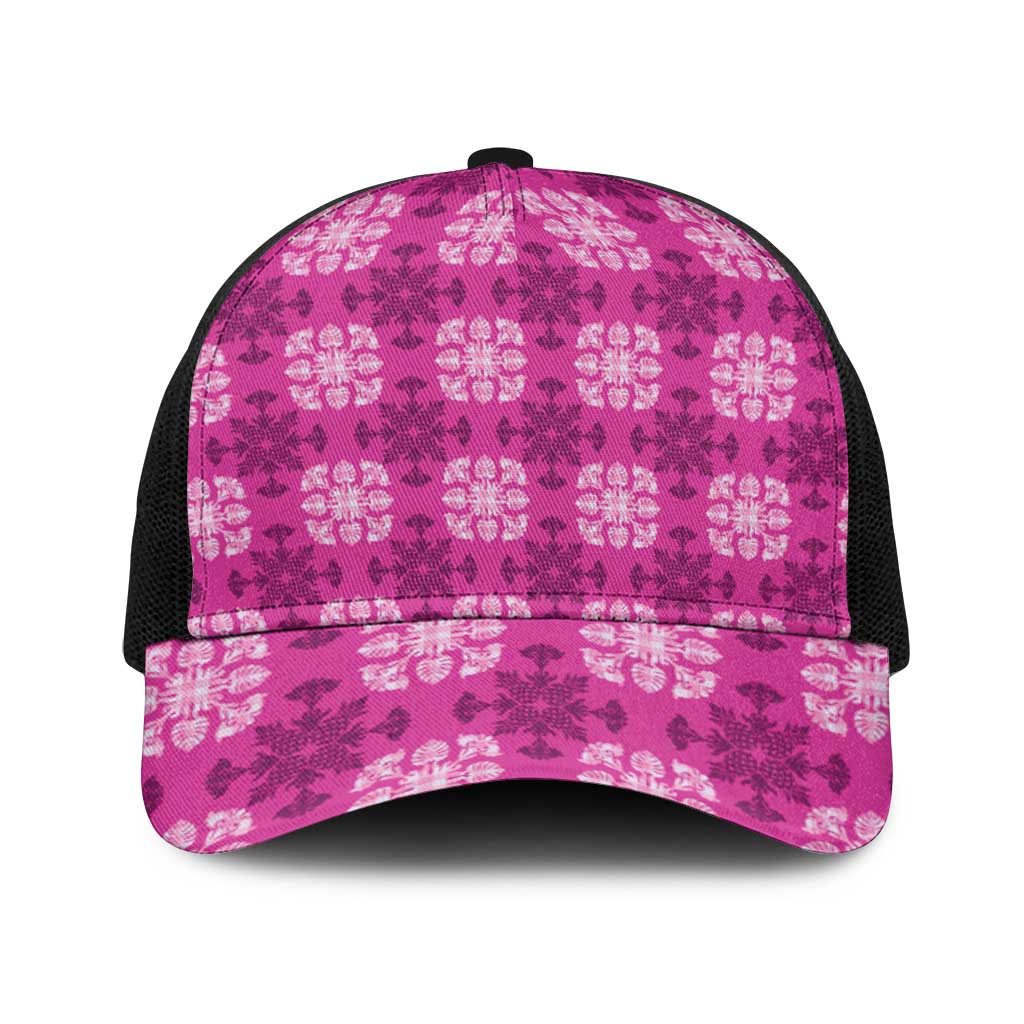 Pink Hawaiian Quilt Baseball Net Cap Hawaii Pineapple Monstera Palaka Motifs - Polynesian Pride