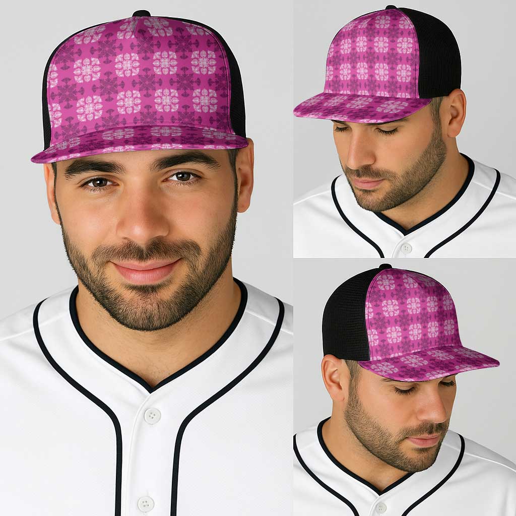 Pink Hawaiian Quilt Baseball Net Cap Hawaii Pineapple Monstera Palaka Motifs - Polynesian Pride