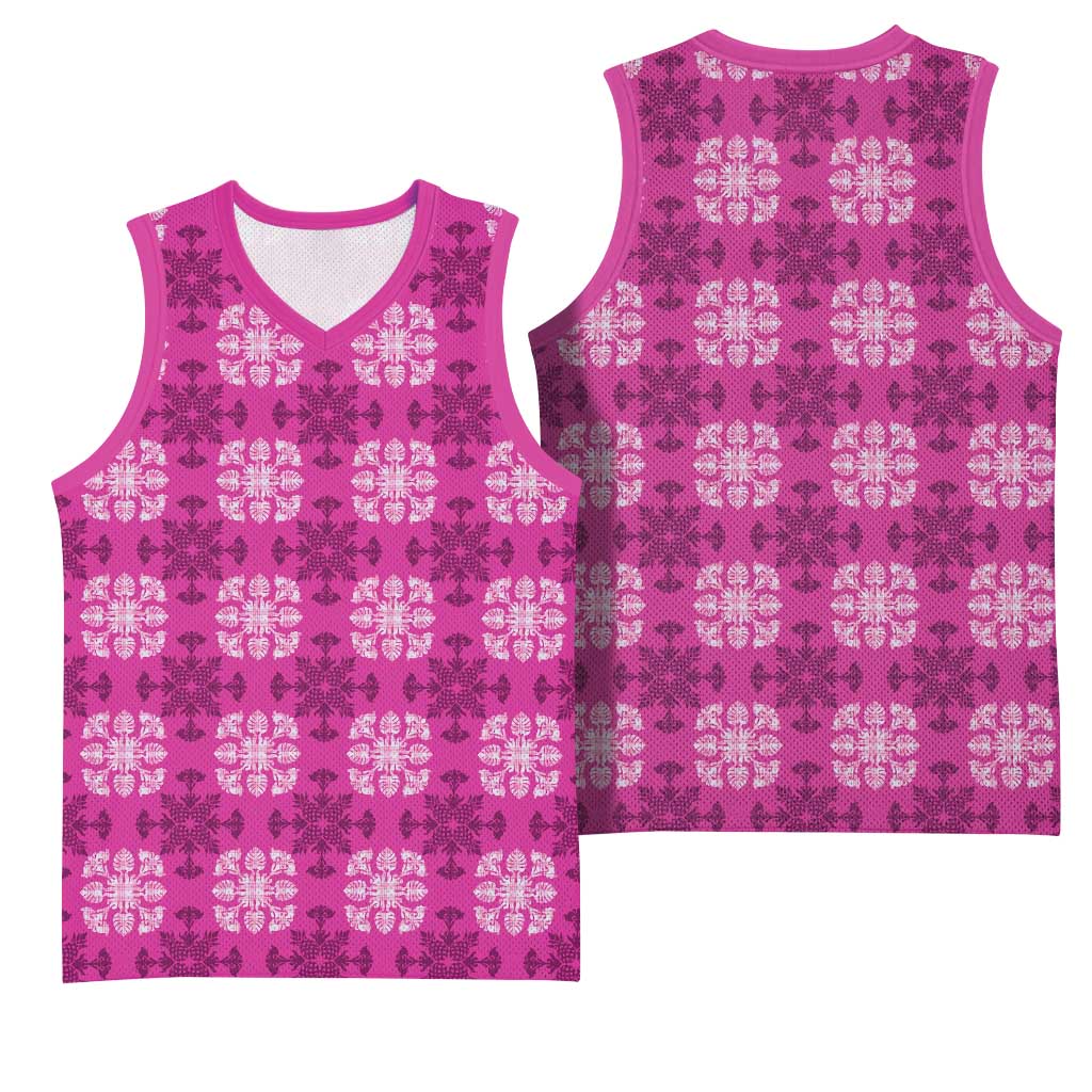 Pink Hawaiian Quilt Basketball Jersey Hawaii Pineapple Monstera Palaka Motifs - Polynesian Pride