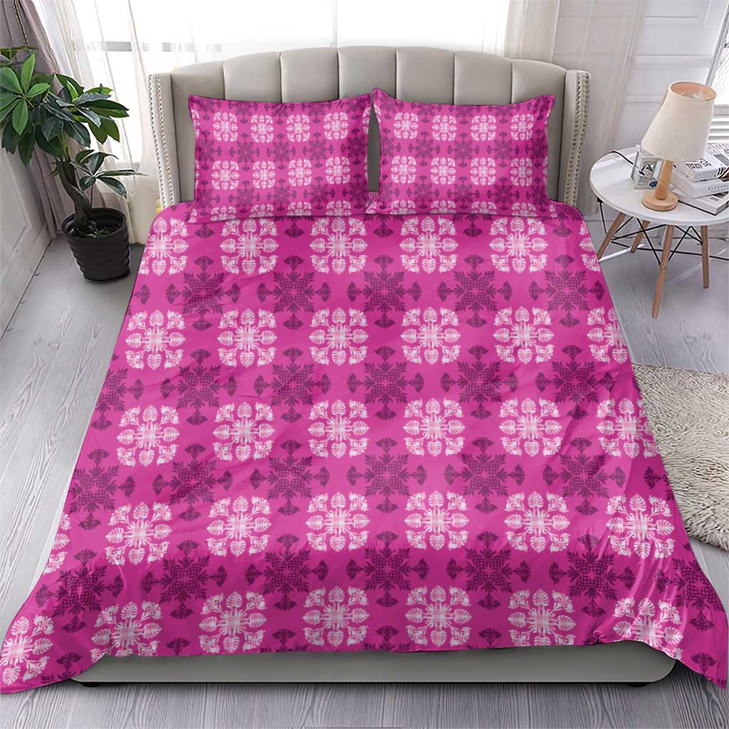 Pink Hawaiian Quilt Bedding Set Hawaii Pineapple Monstera Palaka Motifs - Polynesian Pride