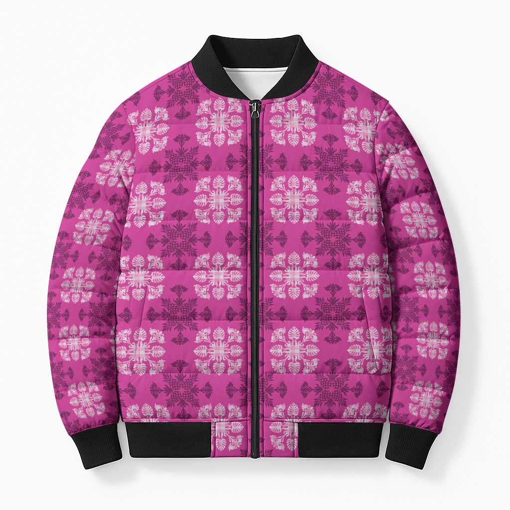 Pink Hawaiian Quilt Bomber Puffer Jacket Hawaii Pineapple Monstera Palaka Motifs - Polynesian Pride