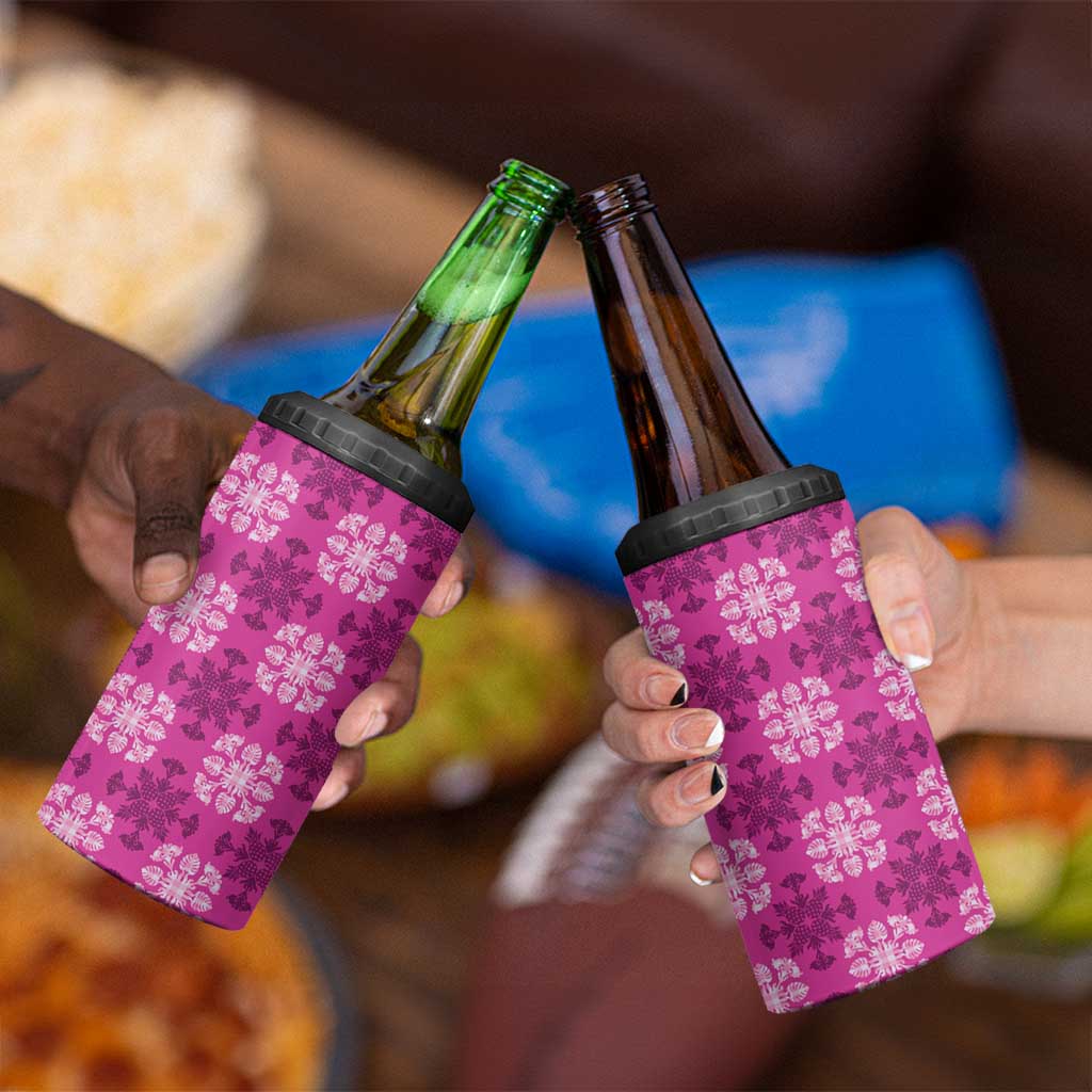 Pink Hawaiian Quilt 4 in 1 Can Cooler Tumbler Hawaii Pineapple Monstera Palaka Motifs - Polynesian Pride