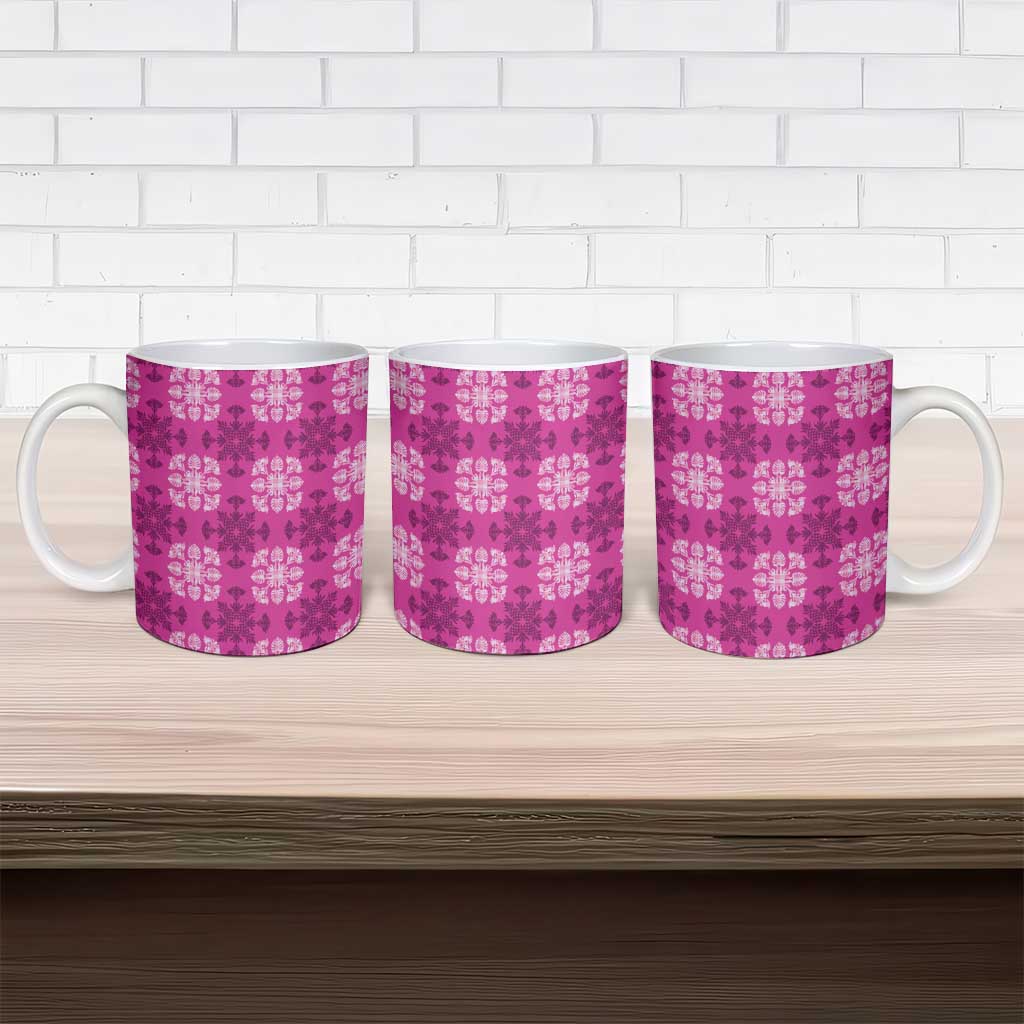Pink Hawaiian Quilt Ceramic Mug Hawaii Pineapple Monstera Palaka Motifs - Polynesian Pride