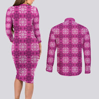 Pink Hawaiian Quilt Couples Matching Long Sleeve Bodycon Dress and Long Sleeve Button Shirt Hawaii Pineapple Monstera Palaka Motifs - Polynesian Pride