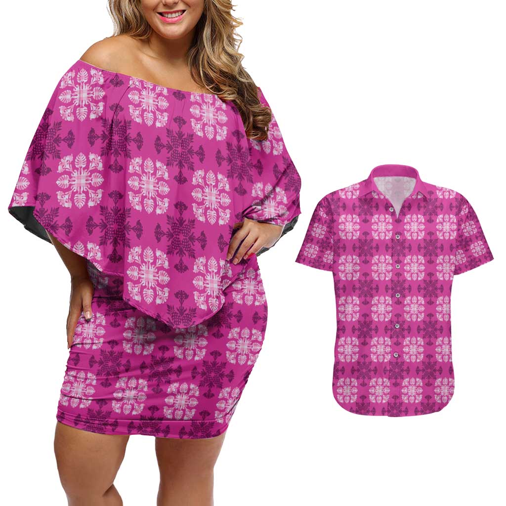 Pink Hawaiian Quilt Couples Matching Off Shoulder Short Dress and Hawaiian Shirt Hawaii Pineapple Monstera Palaka Motifs - Polynesian Pride