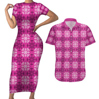 Pink Hawaiian Quilt Couples Matching Short Sleeve Bodycon Dress and Hawaiian Shirt Hawaii Pineapple Monstera Palaka Motifs - Polynesian Pride