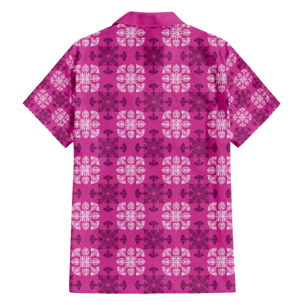 Pink Hawaiian Quilt Family Matching Long Sleeve Bodycon Dress and Hawaiian Shirt Hawaii Pineapple Monstera Palaka Motifs - Polynesian Pride
