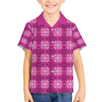 Pink Hawaiian Quilt Family Matching Long Sleeve Bodycon Dress and Hawaiian Shirt Hawaii Pineapple Monstera Palaka Motifs - Polynesian Pride