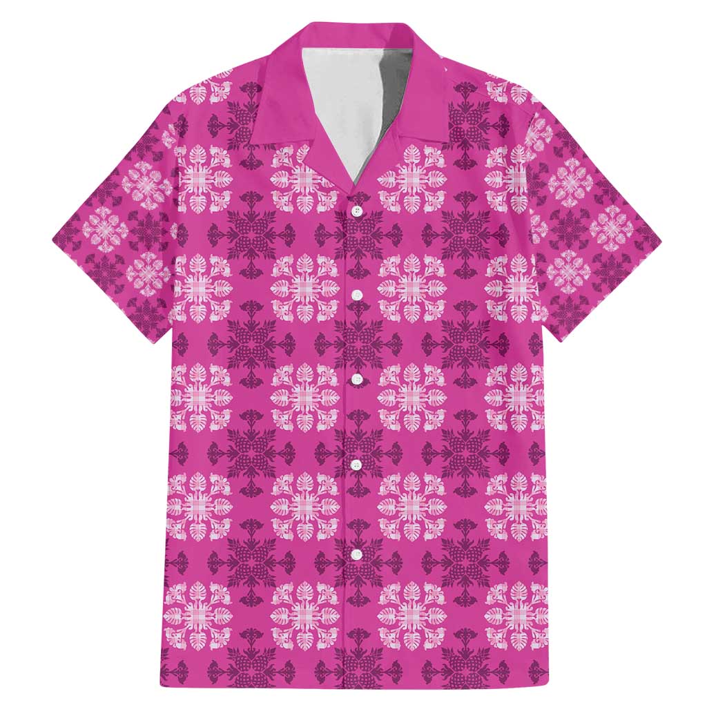 Pink Hawaiian Quilt Family Matching Mermaid Dress and Hawaiian Shirt Hawaii Pineapple Monstera Palaka Motifs - Polynesian Pride