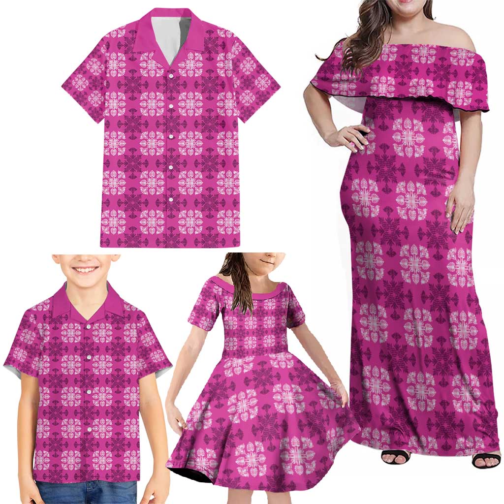 Pink Hawaiian Quilt Family Matching Off Shoulder Maxi Dress and Hawaiian Shirt Hawaii Pineapple Monstera Palaka Motifs - Polynesian Pride