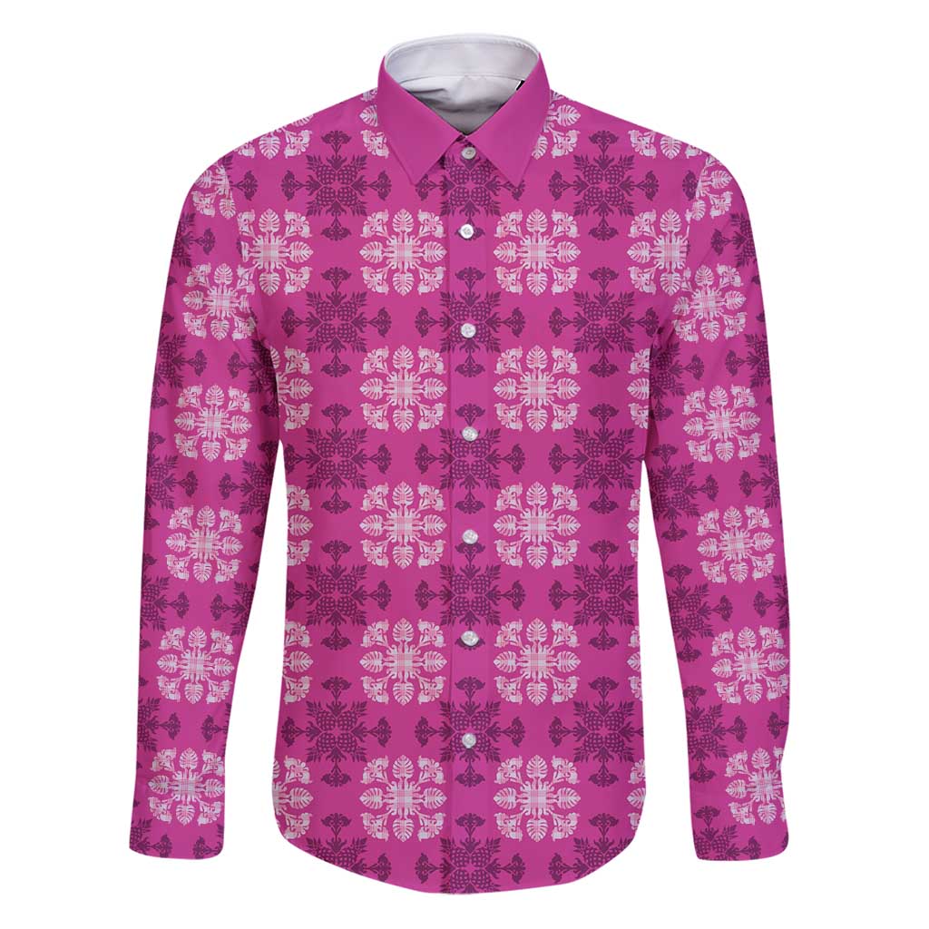 Pink Hawaiian Quilt Family Matching Puletasi and Hawaiian Shirt Hawaii Pineapple Monstera Palaka Motifs - Polynesian Pride