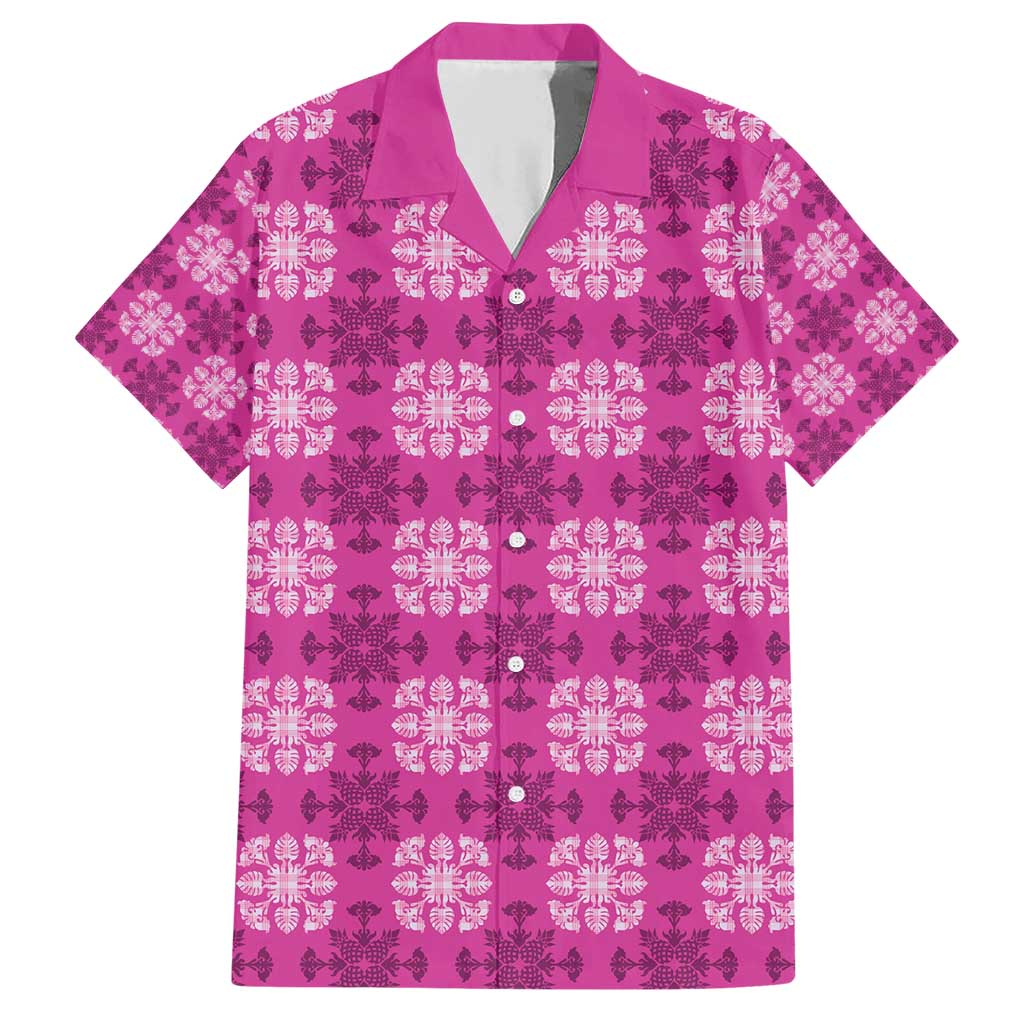 Pink Hawaiian Quilt Family Matching Short Sleeve Bodycon Dress and Hawaiian Shirt Hawaii Pineapple Monstera Palaka Motifs - Polynesian Pride