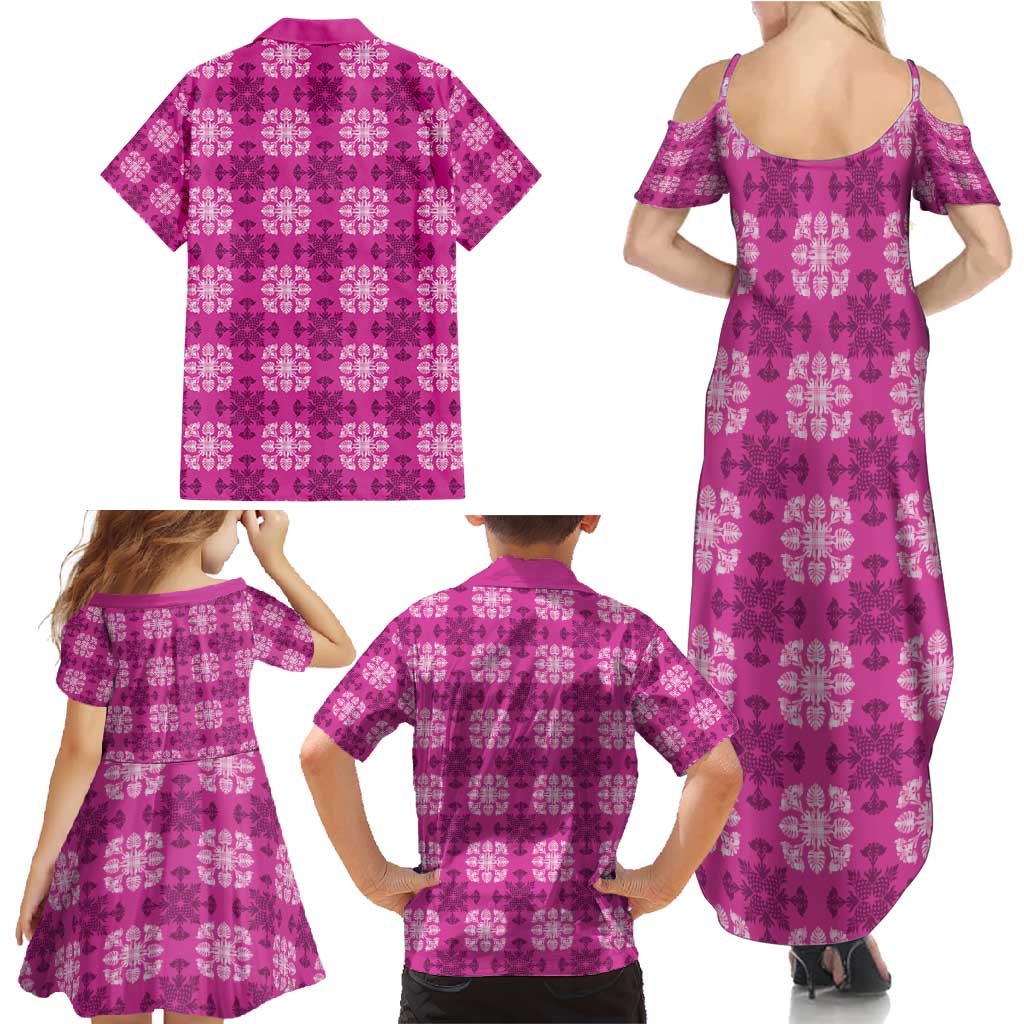 Pink Hawaiian Quilt Family Matching Summer Maxi Dress and Hawaiian Shirt Hawaii Pineapple Monstera Palaka Motifs - Polynesian Pride